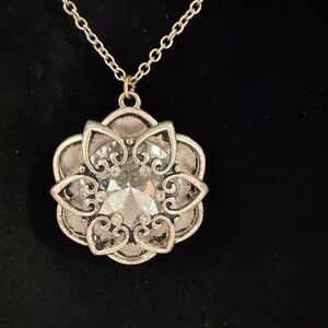 Sliver Tone of Many Hearts Shape with Center Rhinestone Necklace 18"